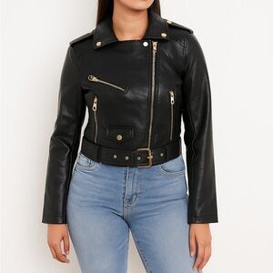 Elegant Black Leather Jacket with Gold Accents